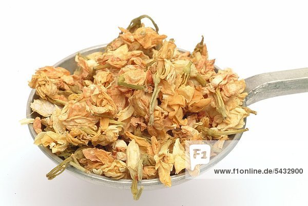 Jasmin - Heilpflanze - Teepflanze - Duftpflanze - getrocknete Blüten - - stammt aus dem Persischen - Verwendung als Tee - Jasmintee oder in der Parfumherstellung - getrocknete Jasminblüten auf Silberlöffel