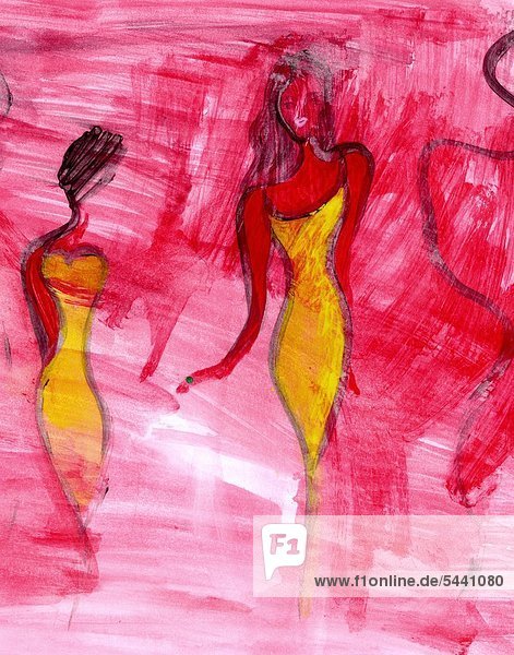 Illustration - Symbol - Anorexie - zwei schlanke Frauen mit gelben Kleid vor rotem Hintergrund