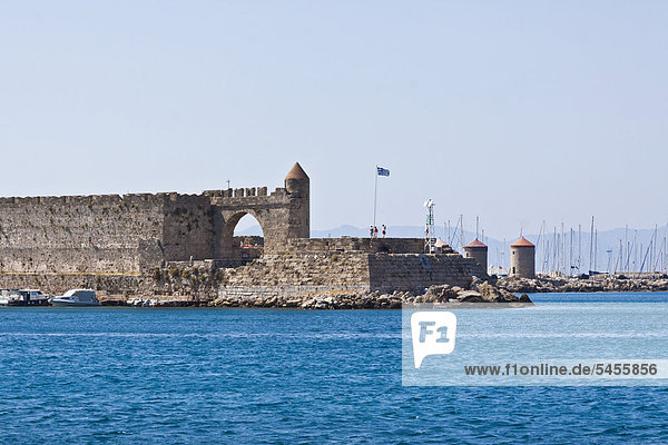 Hafen Europa Festung Windmühle Griechenland Rhodos