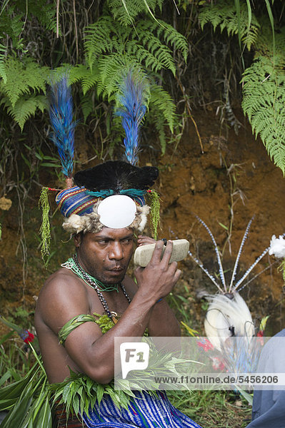 Performer with Blue Bird of Paradise plumes in headdress preparing for a Sing-sing at Paiya Show  Western Highlands  Papua New Guinea  Oceania