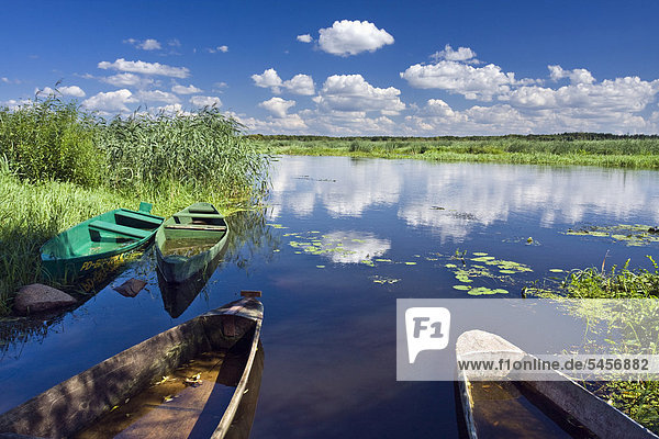 Boote und Narew-Fluss in der Nähe des Dorfes Bokiny  Narwianski Nationalpark  Polen  Europa