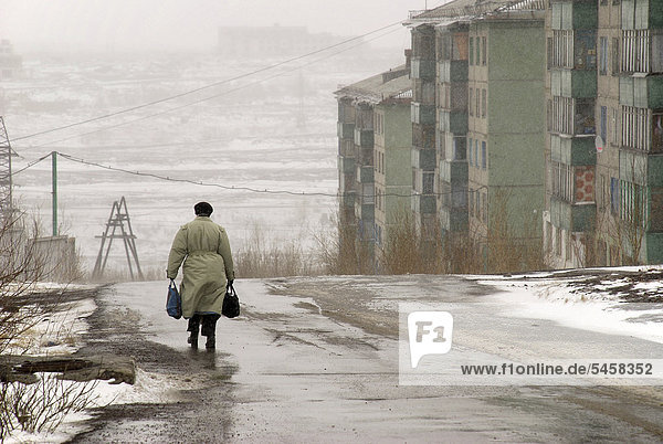 Drabness in a former GULAG town 200 km north of the Arctic Circle where snow covers the ground even in summer Vorkuta Russia Eurasia
