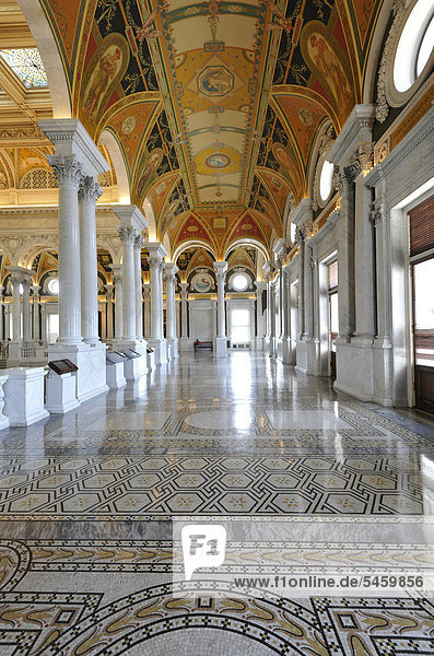 Marble columns  marble arch  frescoes  mosaics  in the magnificent entrance hall  The Great Hall  The Jefferson Building  Library of Congress  Capitol Hill  Washington DC  District of Columbia  United States of America  USA