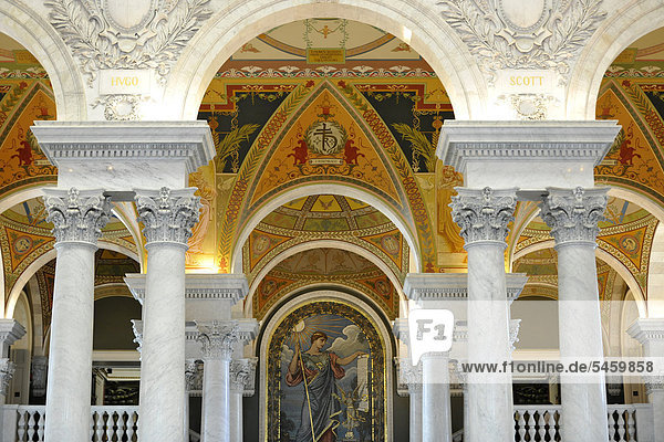 Mosaic of Minerva by Elibu Vedder  Minerva of Peace mosaic  entrance hall  The Great Hall  The Jefferson Building  Library of Congress  Capitol Hill  Washington DC  District of Columbia  United States of America  USA