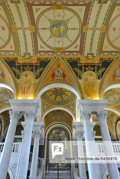 Mosaic of Minerva by Elibu Vedder  Minerva of Peace mosaic  entrance hall  The Great Hall  The Jefferson Building  Library of Congress  Capitol Hill  Washington DC  District of Columbia  United States of America  USA