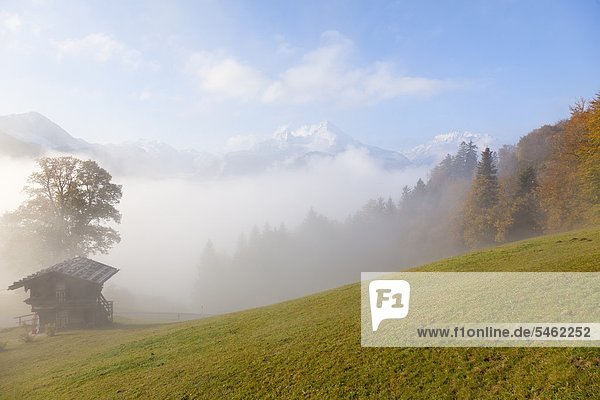 Autumn landscape with granary in the Berchtesgadener Land Bavaria Germany
