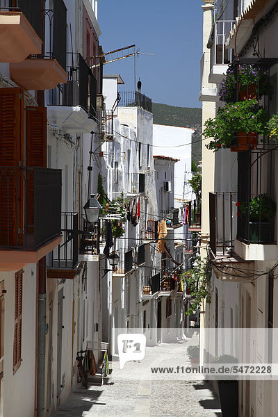 Typical street of Dalt Vila  fortified town  UNESCO World Heritage Site  Ibiza  Balearic Islands  Spain  Europe