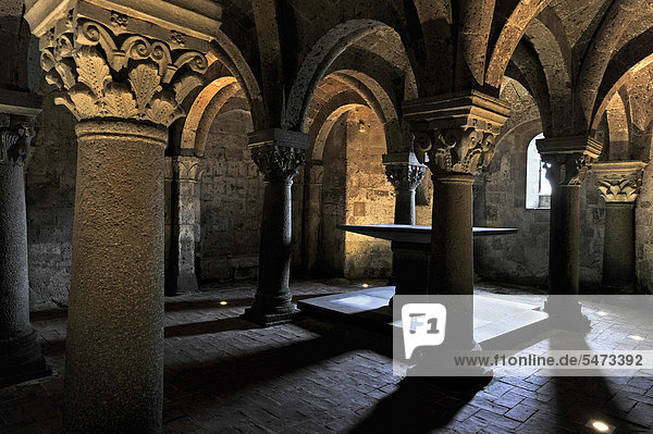 Altar im unterirdischen Säulenhain der heidnischen Krypta  10. Jahrhundert  Dom San Sepolcro  Basilica Cattedrale di San Sepolcro  Aquapendente  Latium  Italien  Europa