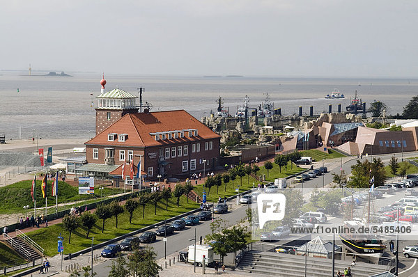 View of the Havenwelten district  the Strandhalle  Zoo am Meer and the docks  from the roof of the Klimahaus building  Bremerhaven  Bremen  Germany  Europe