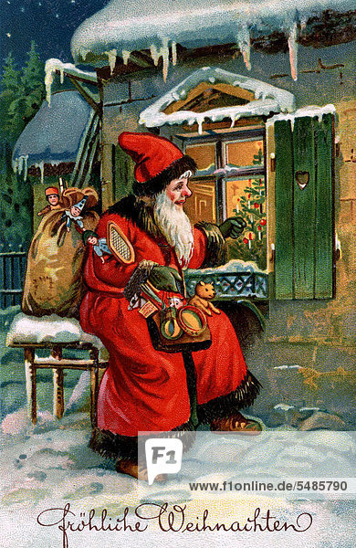 Father Christmas knocking on window  bringing gifts  'Froehliche Weihnachten' in writing  German for 'Merry Christmas'  historic illustration