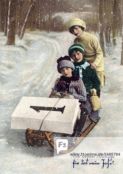 Kinder sitzen auf einem Schlitten  Neujahr  historische Illustration