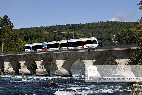 Train  Rheinfall-Bruecke bridge  Rhine River  Schaffhausen  Switzerland  Europe