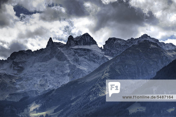 'Dri Tuerm mountains  meaning ''three towers''  Montafon  Raetikon mountain range  Vorarlberg  Austria  Europe'