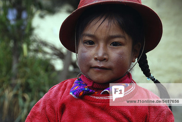 Girl of the indigenous peoples  portrait  near Cusco  Andes  Peru  South America