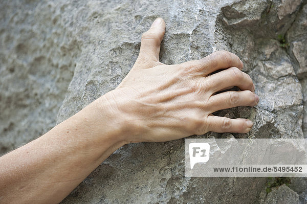 Hand of a mountaineer  climber  gripping a rock  rock climbing  Arco  Italy  Europe