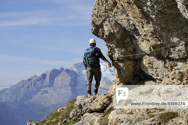 Mountaineer en route to Mt Kleiner Lagazuoi  Dolomites  South Tyrol  Italy  Europe