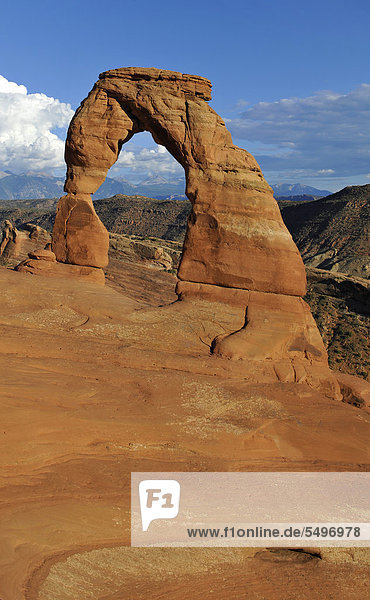 Steinbogen Delicate Arch  La Sal Mountains  Arches Nationalpark  Moab  Utah  Südwesten  Vereinigte Staaten von Amerika  USA