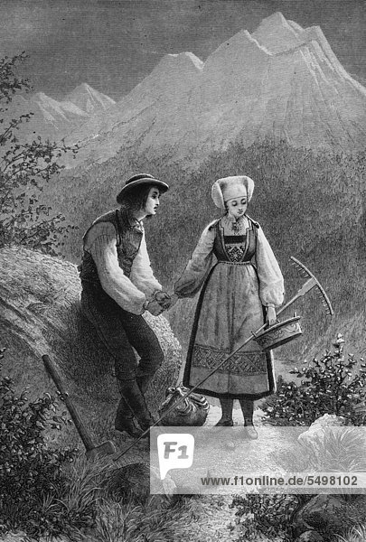 Bauernpaar am Hardanger Fjord  Norwegen  Holzstich  ca. 1880