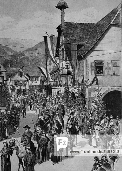 Festzug bei der Jubelfeier in Alpirsbach im Schwarzwald  Deutschland  Holzstich  ca 1884