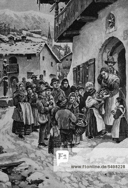 Das Kinder - Neujahrssingen in Tirol  Holzstich  ca. 1880