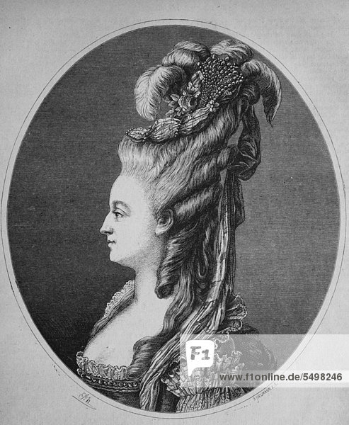 Marie Antoinette  1755 - 1793  Erzherzogin von Österreich sowie Prinzessin von Ungarn  Böhmen und der Toskana  Holzstich  ca. 1880