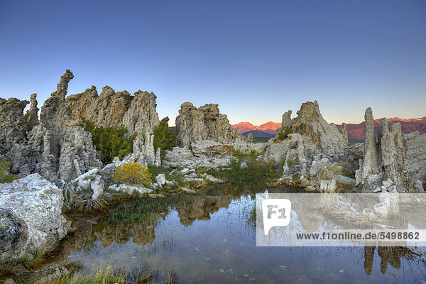 Morgendämmerung Sonnenaufgang Tufa Rocks Kalktuff Tuff Gesteinsformationen South Tufa Area Natronsee Mono Lake Mono Basin and Range Region Sierra Nevada Kalifornien Vereinigte Staaten von Amerika USA