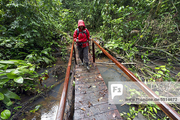 Hiker crossing a bridge in the rain forest  Laguna del Lagarto Lodge  Alajuela  Costa Rica  Central America