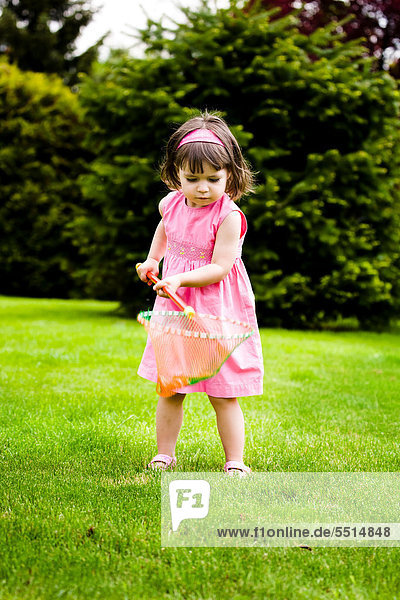 3-jähriges Mädchen spielt mit einem Käscher im Garten