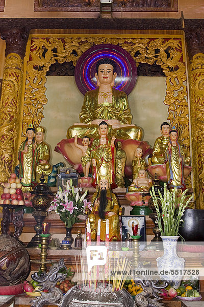 Buddhastatue mit Altar in der Quoc Tu Pagode  Ho Chi Minh Stadt  Saigon  Vietnam  Südostasien