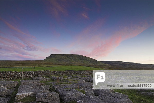 Kalksteinblöcke  hinten der Hügel Pen-Y-Ghent vor Morgenrot  Yorkshire Dales  England  Großbritannien  Europa