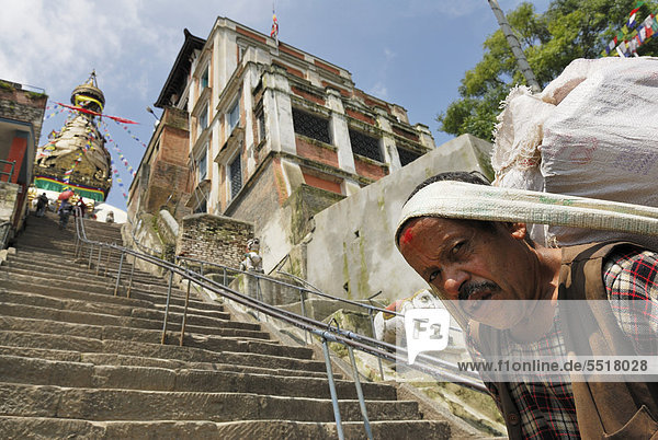 Man carrying load on back  Swayambhunath temple  Kathmandu  Nepal  Asia