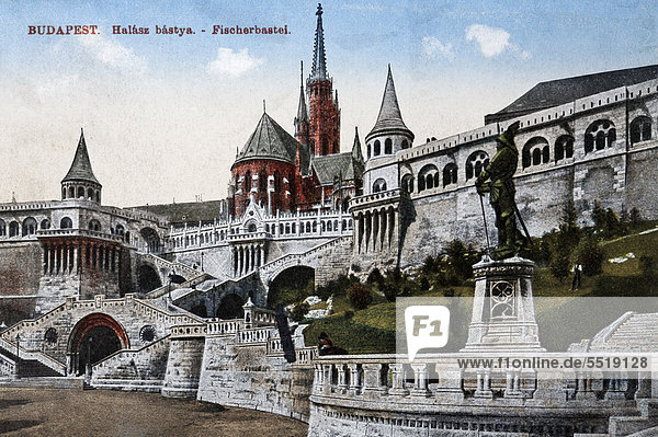 Hal·szb·stya or Fisherman's Bastion in Budapest  Hungary  historic postcard  around 1900