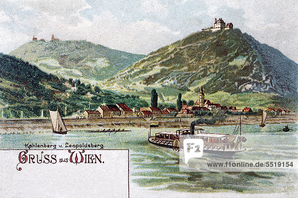 Danube river  near Vienna  with the hills Kahlenberg and Leopoldsberg  Austria  historic postcard  around 1900