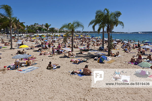 Menschen am Strand von Cannes  an der Croisette  CÙte díAzur  Südfrankreich  Frankreich  Europa  ÖffentlicherGrund