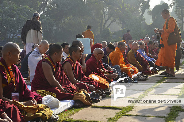 Mönche aus allen buddhistischen Traditionen in orangen und roten Mönchsroben treffen sich zum gemeinsamen Gebet  Global Buddhist Congregation 2011  am Gandhi Smitri  Neu Delhi  Indien  Asien