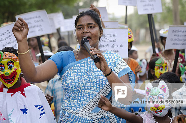 Woman speaking at rally against child labour  Karur  Tamil Nadu  Indian  Asia