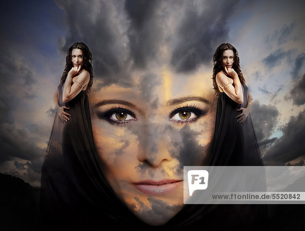 Gesicht einer jungen Frau  Himmel mit Wolken  Composing  experimentelles Portrait