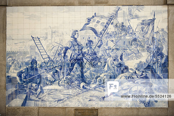 Azulejos representing the conquest of Ceuta in the XV century by Infant Dom Henrique  Sao Bento Railway Station  Porto  Portugal  Europe  Unesco World Heritage Site
