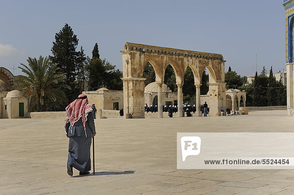 Old Palestinian man wearing a keffiyeh  kufiya approaching the Dome of the Rock on his own  on Temple Mount  Muslim Quarter  Old City  Jerusalem  Israel  Middle East