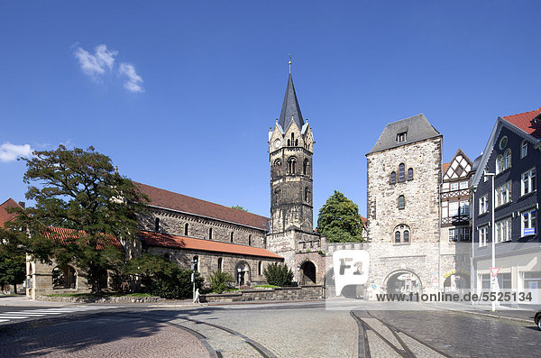 Nikolaikirche church Nikolaitor a medieval city gate Karlsplatz square Eisenach Thuringia Germany Europe PublicGround