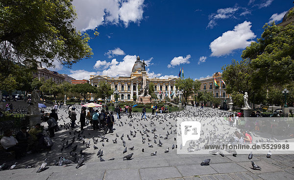 Plaza Murillo mit Tauben und Parlamentsgebäude  La Paz  Bolivien