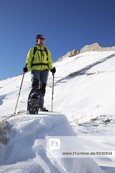 Snowshoe hiker on the Fanes Alp  St. Vigil  Alto Adige  South Tyrol  Italy  Europe
