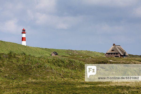 Red and white striped lighthouse of List Ost with a frisian house on the Sylt peninsula of Ellenbogen  List  Sylt  North Frisia  Schleswig-Holstein  Germany  Europe