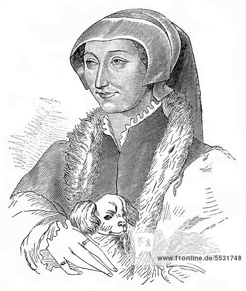 Historischer Druck aus dem 19. Jahrhundert  Portrait von Margarete von AngoulÍme oder Marguerite de Navarre oder Marguerite d'AngoulÍme oder Margarete von Navarra  Margarete von Valois oder Margarete von Frankreich  1492 - 1549  Königin von Navarra  Schriftstellerin