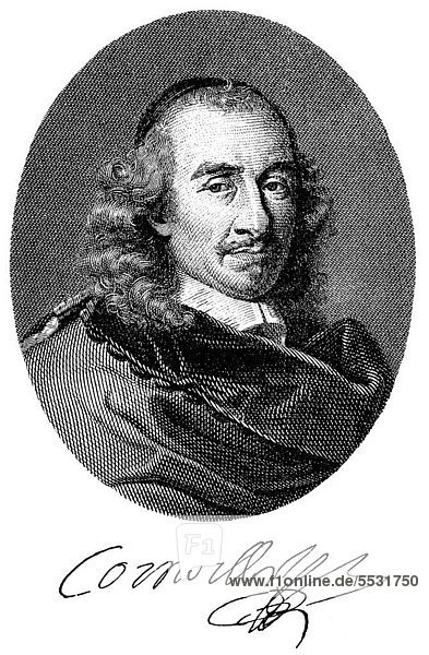 Historical print from the 19th Century  portrait of Pierre Corneille  1606 - 1684  a French writer and playwright of the Baroque