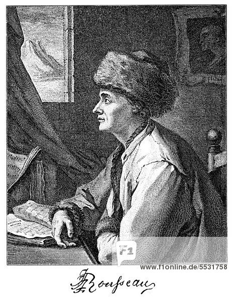 Historischer Druck aus dem 19. Jahrhundert  Portrait von Jean-Jacques Rousseau  1712 - 1778  ein Schweizer Schriftsteller  Philosoph  Pädagoge  Naturforscher und Komponist der Aufklärung