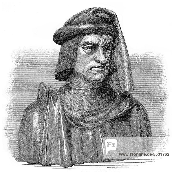 Historischer Druck aus dem 19. Jahrhundert  Portrait von Lorenzo I. de Medici  1449 - 1492  ein italienischer Politiker und Stadtherr von Florenz