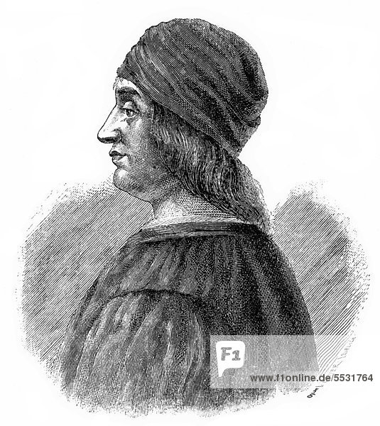 Historischer Druck aus dem 19. Jahrhundert  Portrait von Matteo Maria Boiardo  1441 - 1494  ein italienischer Dichter