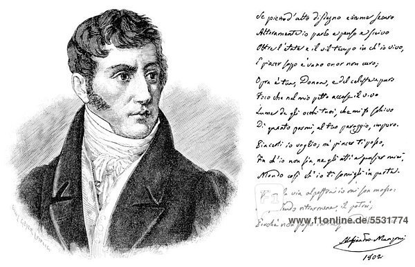Historischer Druck aus dem 19. Jahrhundert  Portrait und Handschrift von Alessandro Francesco Tommaso Manzoni  1785 - 1873  ein italienischen Dichter und Schriftsteller