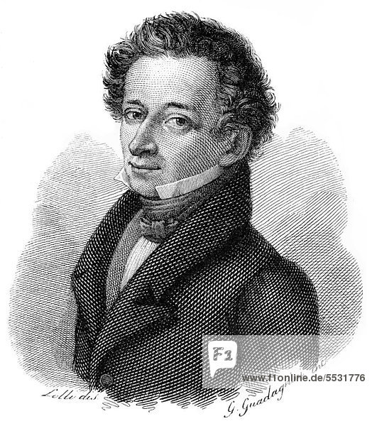 Historischer Druck aus dem 19. Jahrhundert  Portrait von Giacomo Graf Leopardi  1798 - 1837  ein italienischer Dichter  Essayist und Philologe